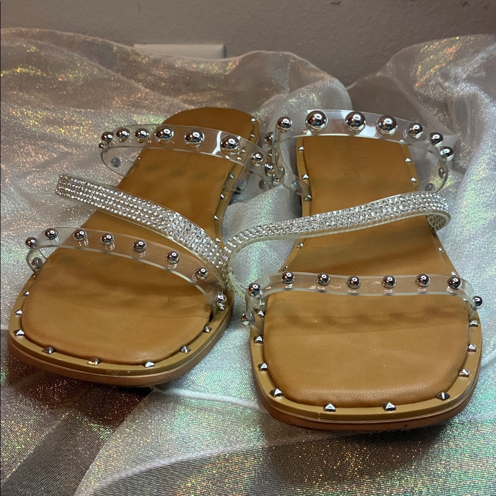 Nicole Miller Clear Jeweled Flat Sandals Size 7.5 - Picture 4 of 6